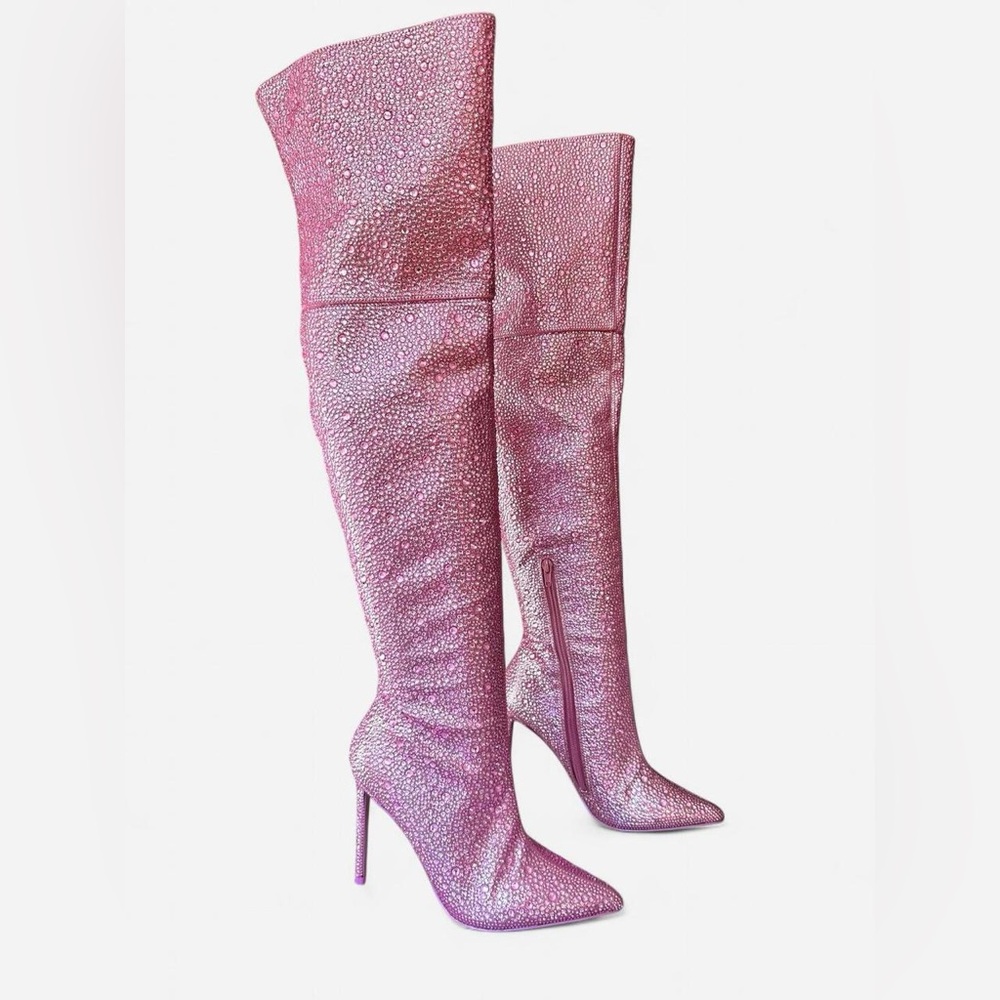 Steve Madden Vivianne Pink Rhinestone Thigh High Boots Size 8 Glam Stiletto Heel